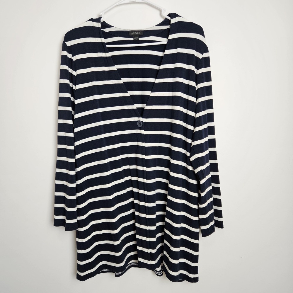 J. Jill‎ Wearever Long Cardigan Size L Blue Striped Single Button Nautical Beach